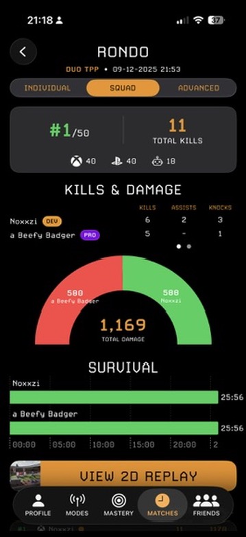 Kills and damage screen