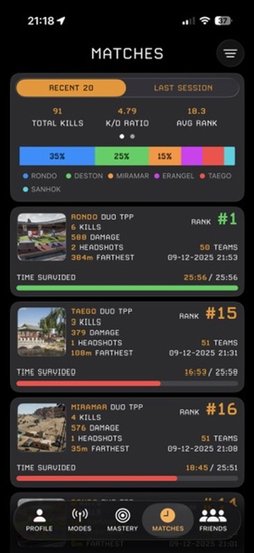 Recent matches screen